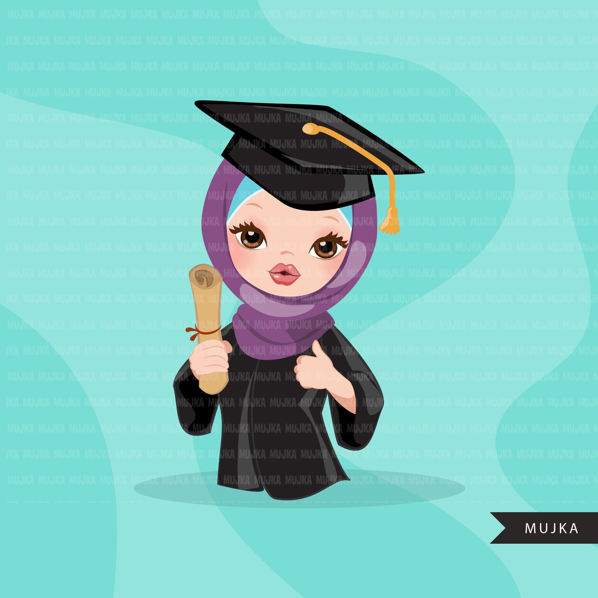 Graduation Clipart, senior graduate girls with hijab, cape and scroll, school, muslim student class of 2022 gold banner graphics, PNG