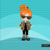 Fashion little girl clipart with leopard jacket, boots and sunglasses, Vacation, travel commercial use characters, digital PNG