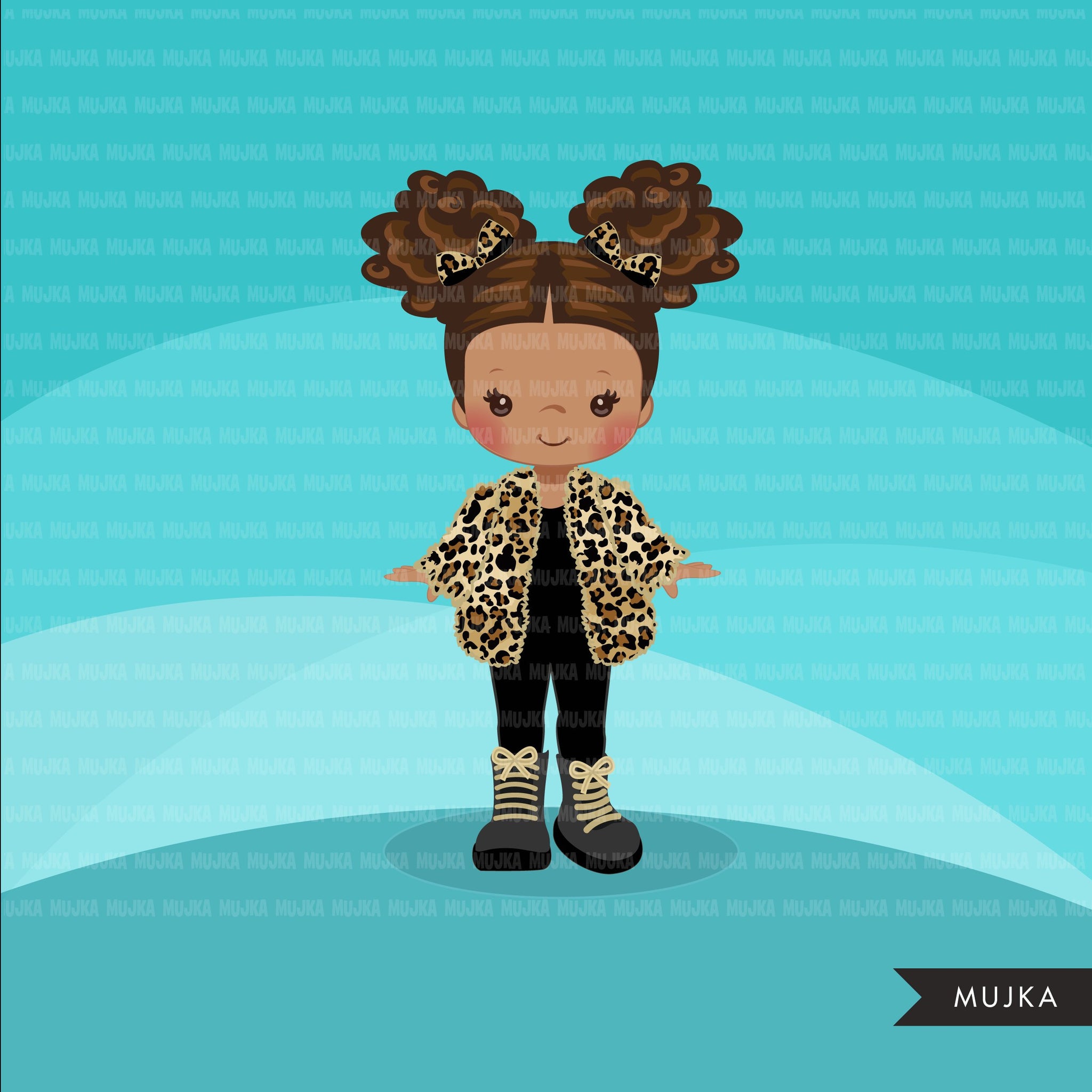 Fashion little black girl clipart with leopard jacket, boots and sunglasses, Vacation, travel commercial use characters, digital PNG