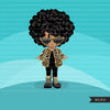 Fashion little black girl clipart with leopard jacket, boots and sunglasses, Vacation, travel commercial use characters, digital PNG
