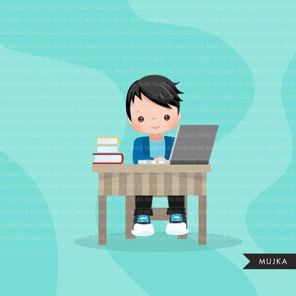 Distant Learning Clipart, Boys with laptop, home schooling, student homework, shop logo graphics, Png clip art