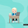 Distant Learning Clipart, Boys with laptop, home schooling, student homework, shop logo graphics, Png clip art