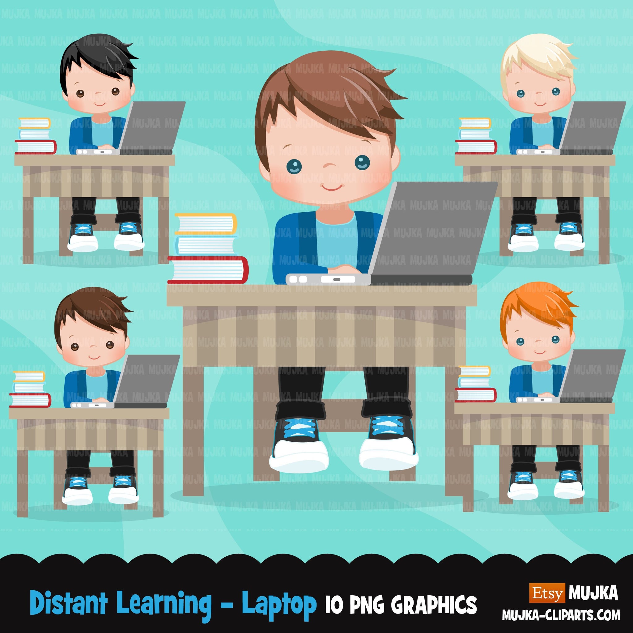 Distant Learning Clipart, Boys with laptop, home schooling, student homework, shop logo graphics, Png clip art