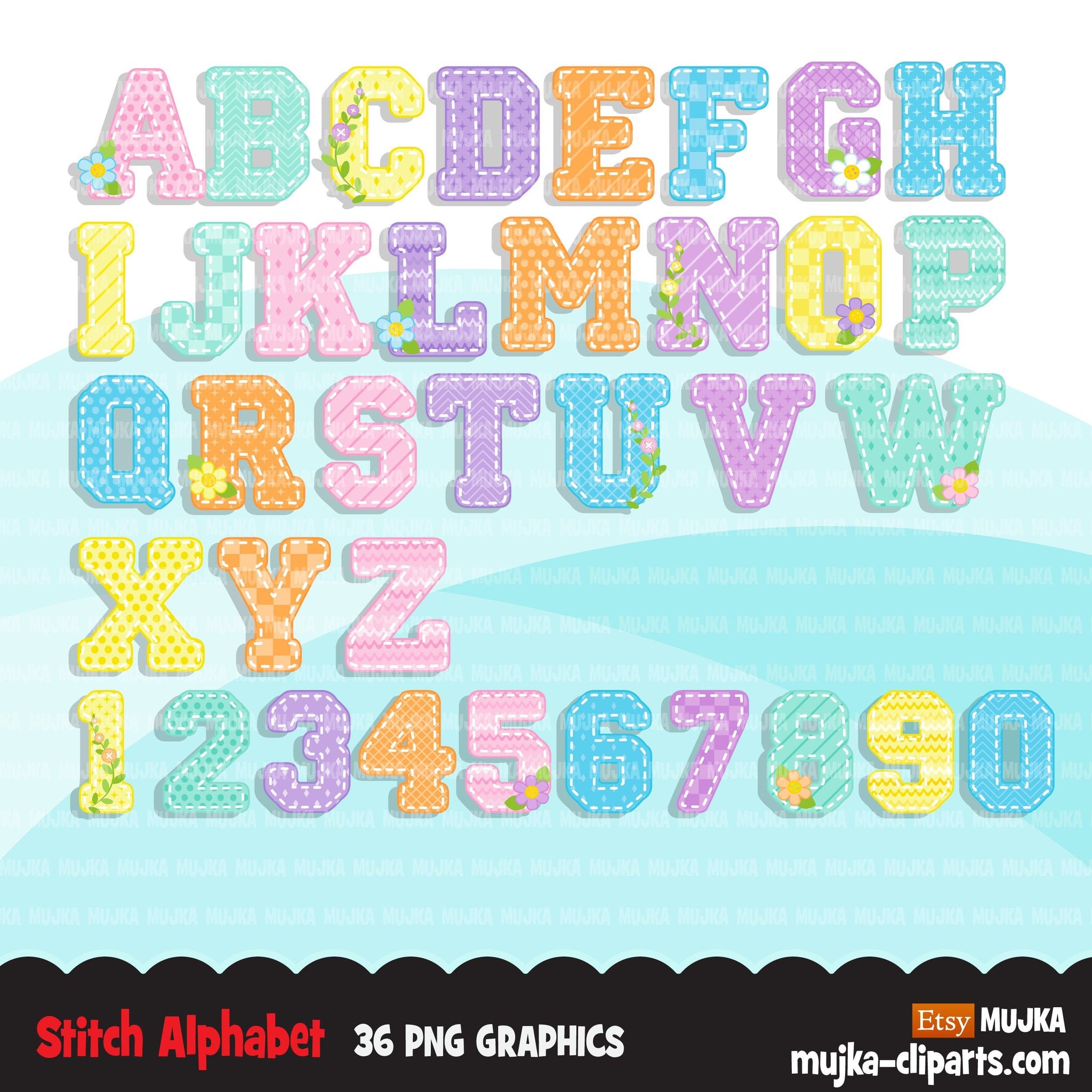 Stitched Alphabet Clipart, stackable, boy and girl birthday, spring flowers, baby shower letter  PNG graphics