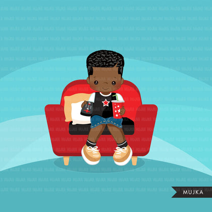 Movie night Clipart, movie birthday party, black boys graphics, TV remote, popcorn, sleepover party Png clip art