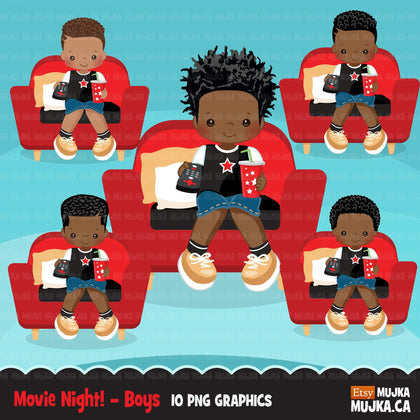Movie night Clipart, movie birthday party, black boys graphics, TV remote, popcorn, sleepover party Png clip art