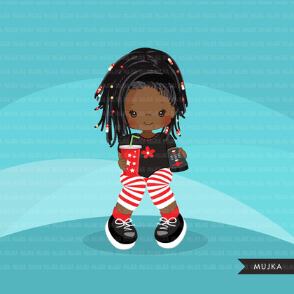 Movie night Clipart, movie birthday party, black girls graphics, TV remote, popcorn, sleepover party Png clip art