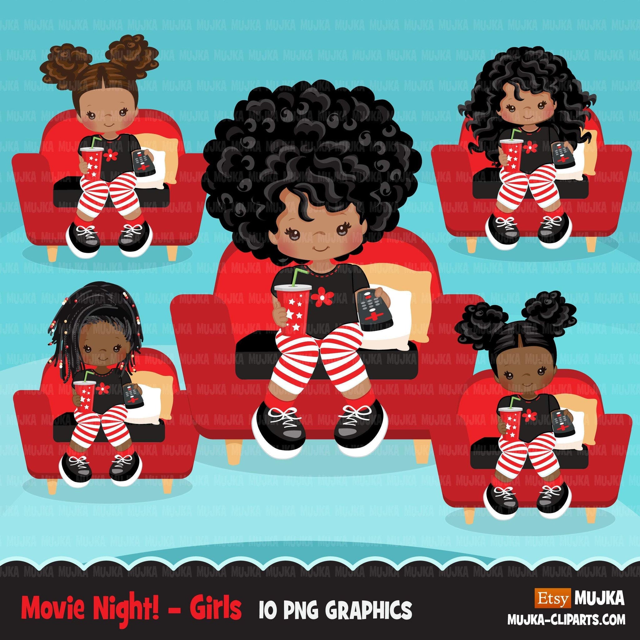 Movie night Clipart, movie birthday party, black girls graphics, TV remote, popcorn, sleepover party Png clip art