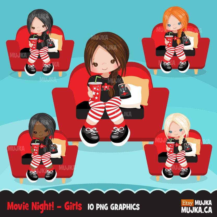 Movie Night Clipart Bundle, Sleepover, home birthday party, popcorn, black, boy, girl graphics commercial use PNG clip art