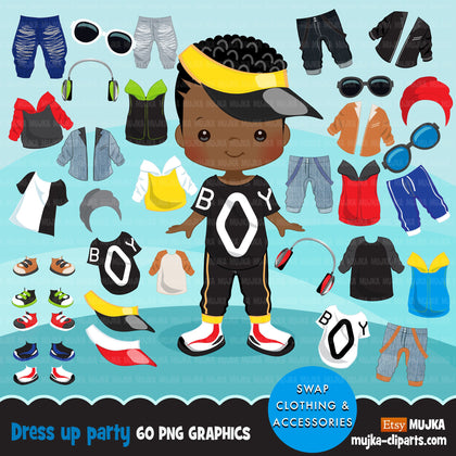 Paper doll clipart, Dressing Party Graphics, Cute Characters, black boys fashion, outfits png clip art