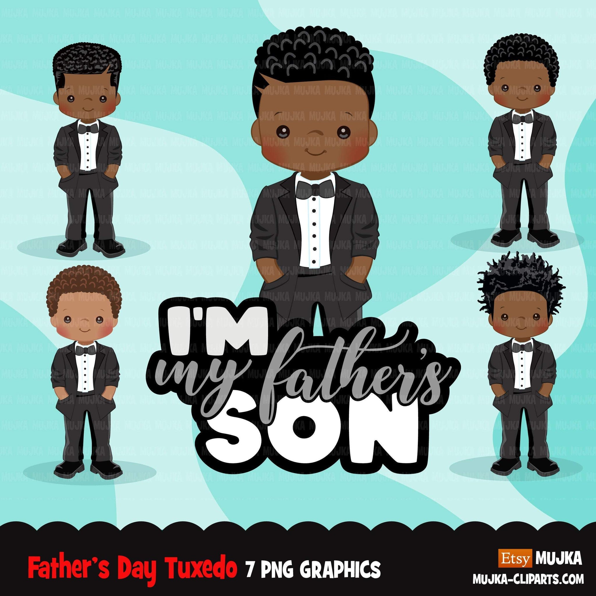 Clipart do Dia dos Pais, menino negro com smoking, citação de filho do meu pai, gráficos do pai, uso comercial PNG clip art