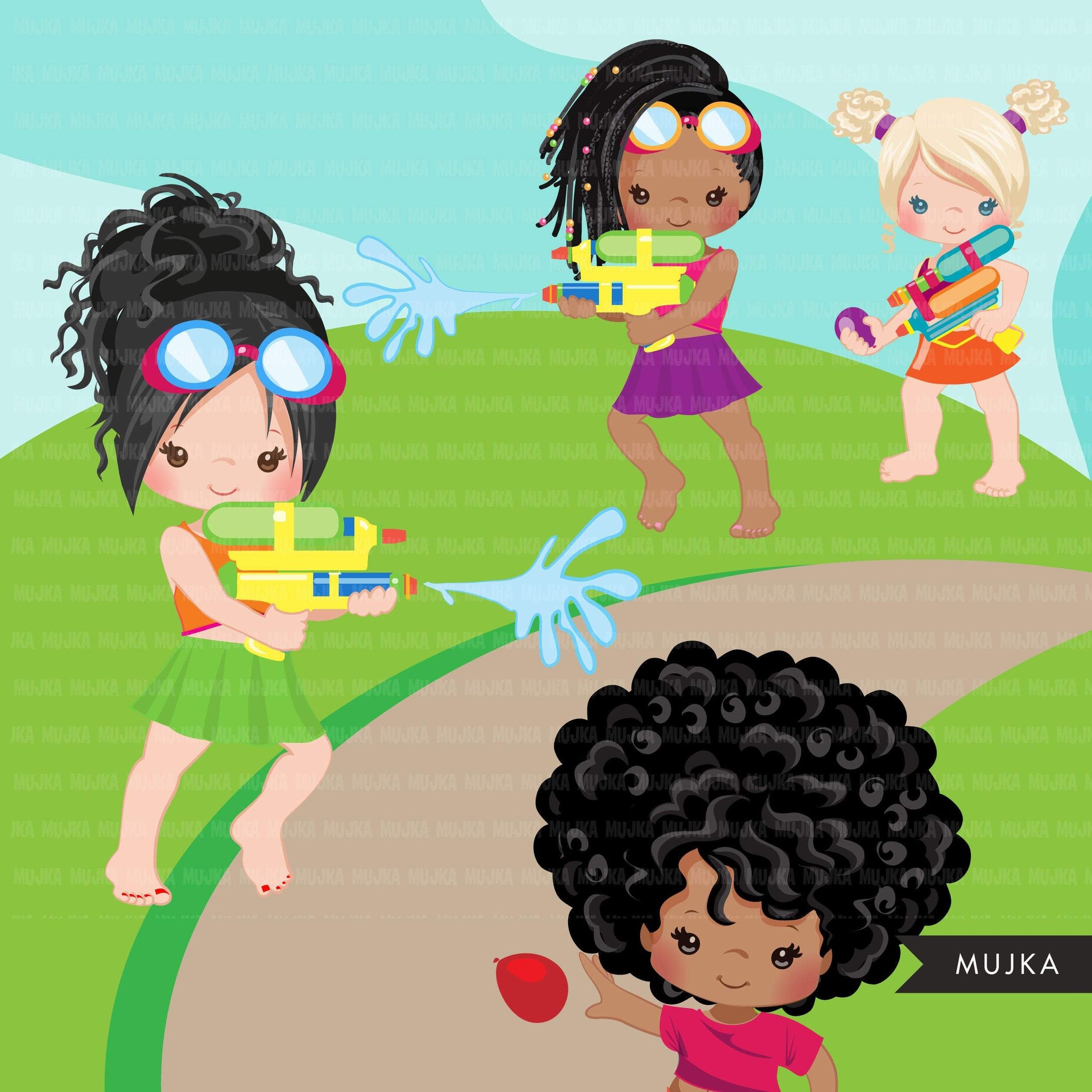Water gun fight clipart, girls, black girls outdoors water balloon fight, summer birthday graphics, commercial use PNG clip art