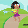 Clipart de luta com armas de água, meninas, meninas negras ao ar livre, luta de balão de água, gráficos de aniversário de verão, uso comercial PNG clip art