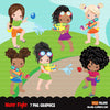 Clipart de luta com armas de água, meninas, meninas negras ao ar livre, luta de balão de água, gráficos de aniversário de verão, uso comercial PNG clip art