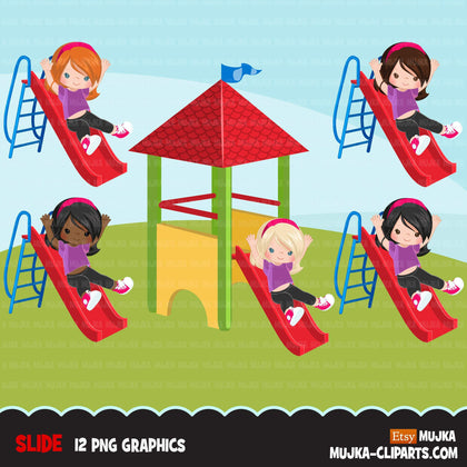 Playground Clipart, girl on slide, outdoors park slide graphics, kindergarten, first grade, school commercial use Png clip art