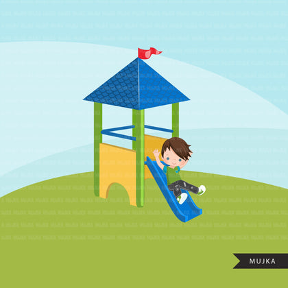 Playground Clipart, boy on slide, outdoors park slide graphics, kindergarten, first grade, school commercial use Png clip art