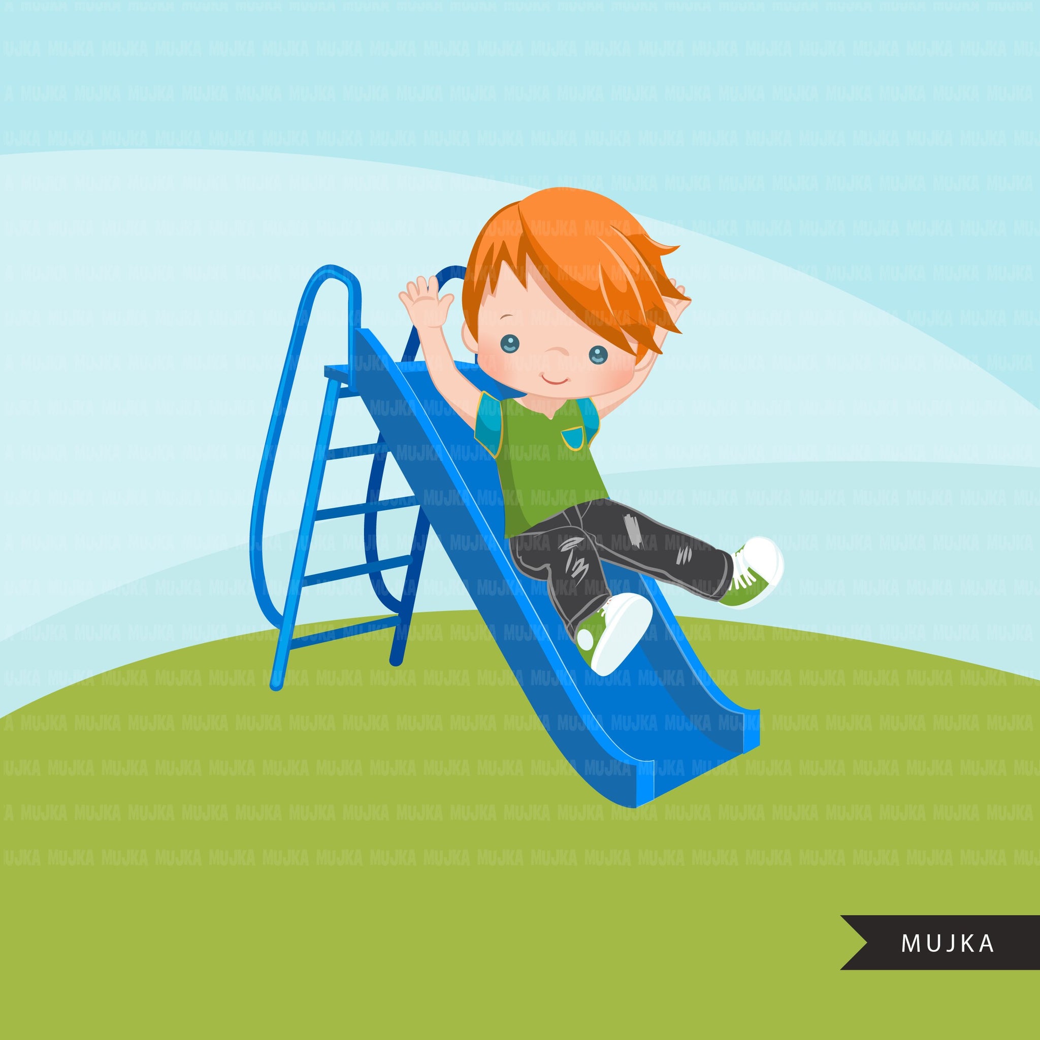 Playground Clipart, boy on slide, outdoors park slide graphics, kindergarten, first grade, school commercial use Png clip art