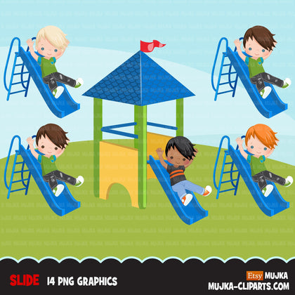 Playground Clipart, boy on slide, outdoors park slide graphics, kindergarten, first grade, school commercial use Png clip art