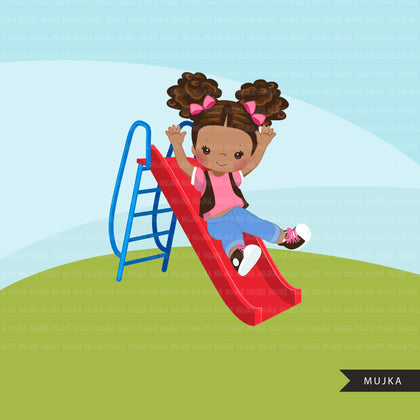 Playground Clipart, black girl on slide, outdoors park slide graphics, kindergarten, first grade, school commercial use Png clip art