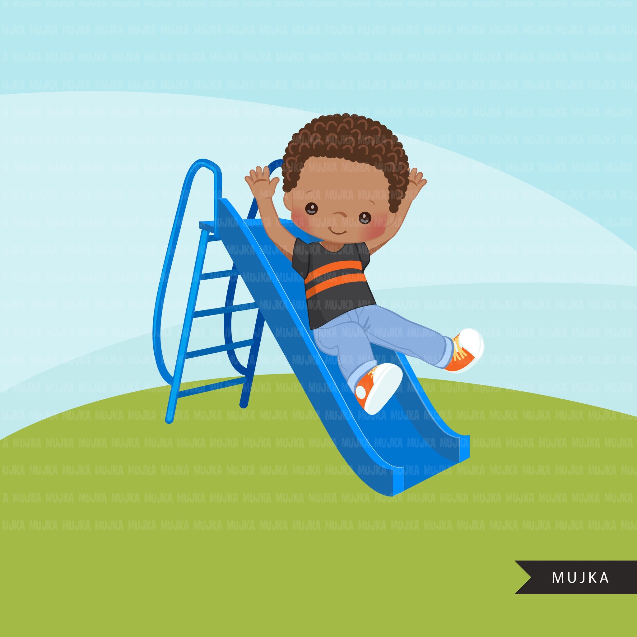 Playground Clipart, black boy on slide, outdoors park slide graphics, kindergarten, first grade, school commercial use Png clip art