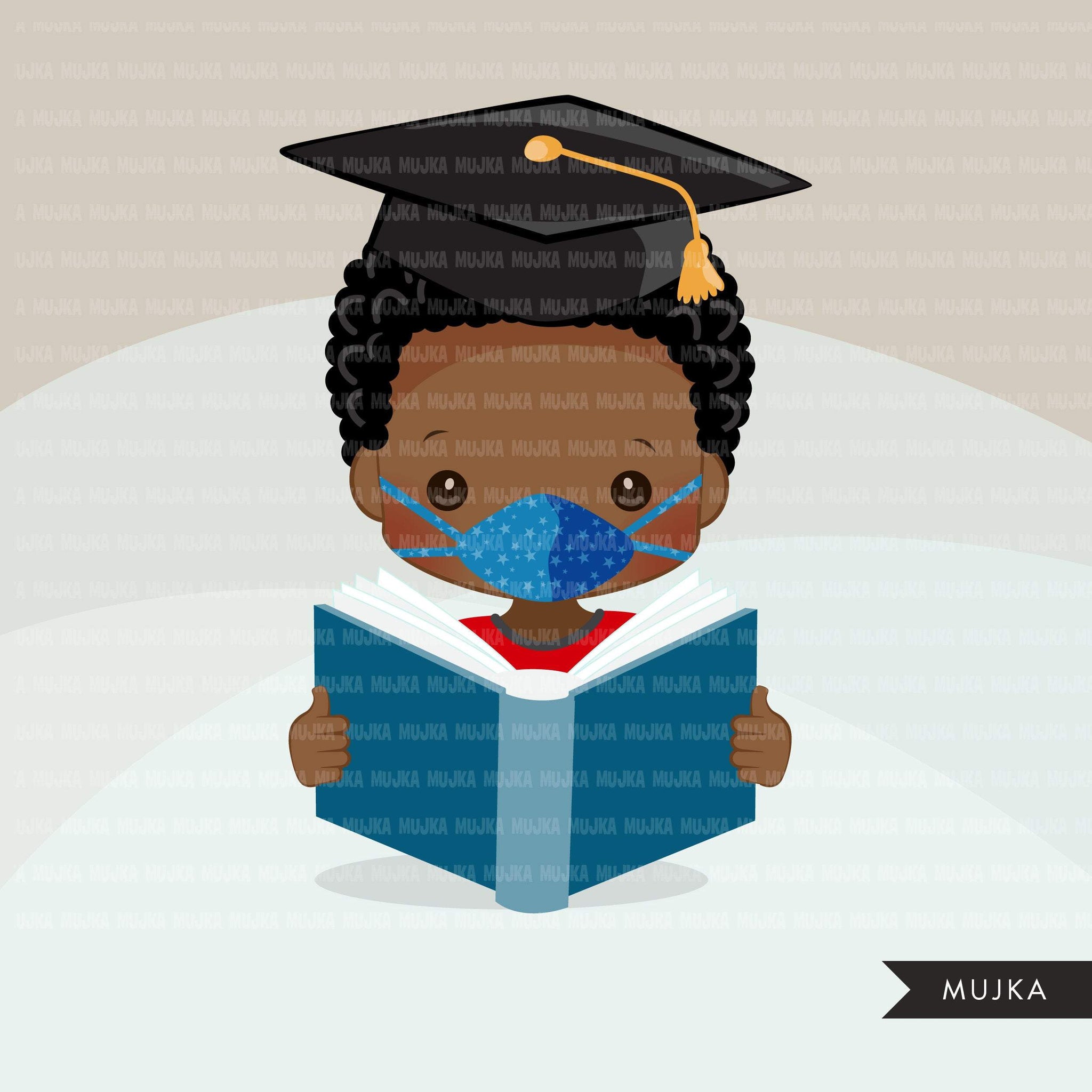 Graduation Clipart, graduate black boys with book and mask, school, student class of 2020 covid quarantine graduation graphics, PNG clip art