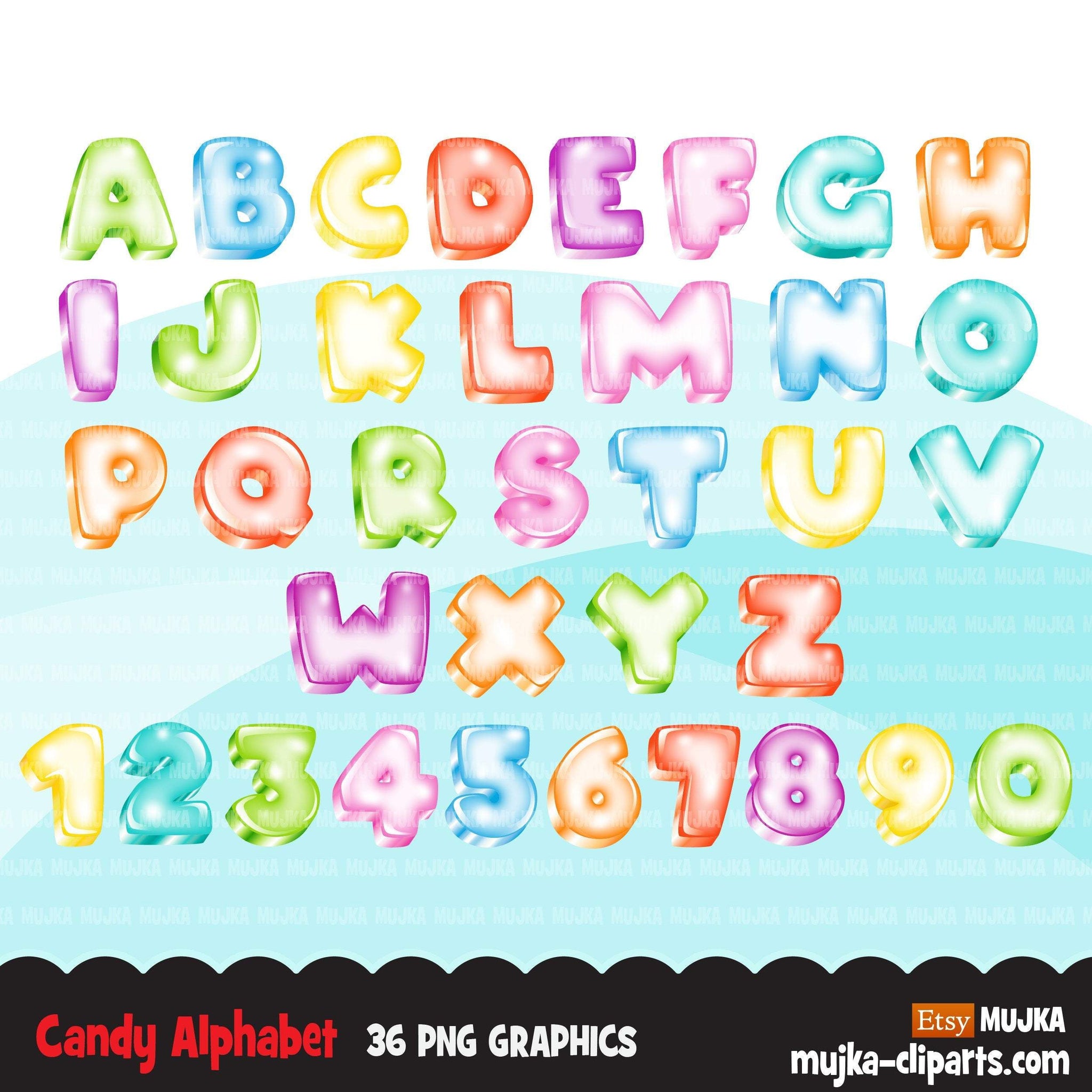 Candy Alphabet Clipart, candy land glossy glass pastel, boy girl birthday, baby shower letters and numbers, PNG graphics