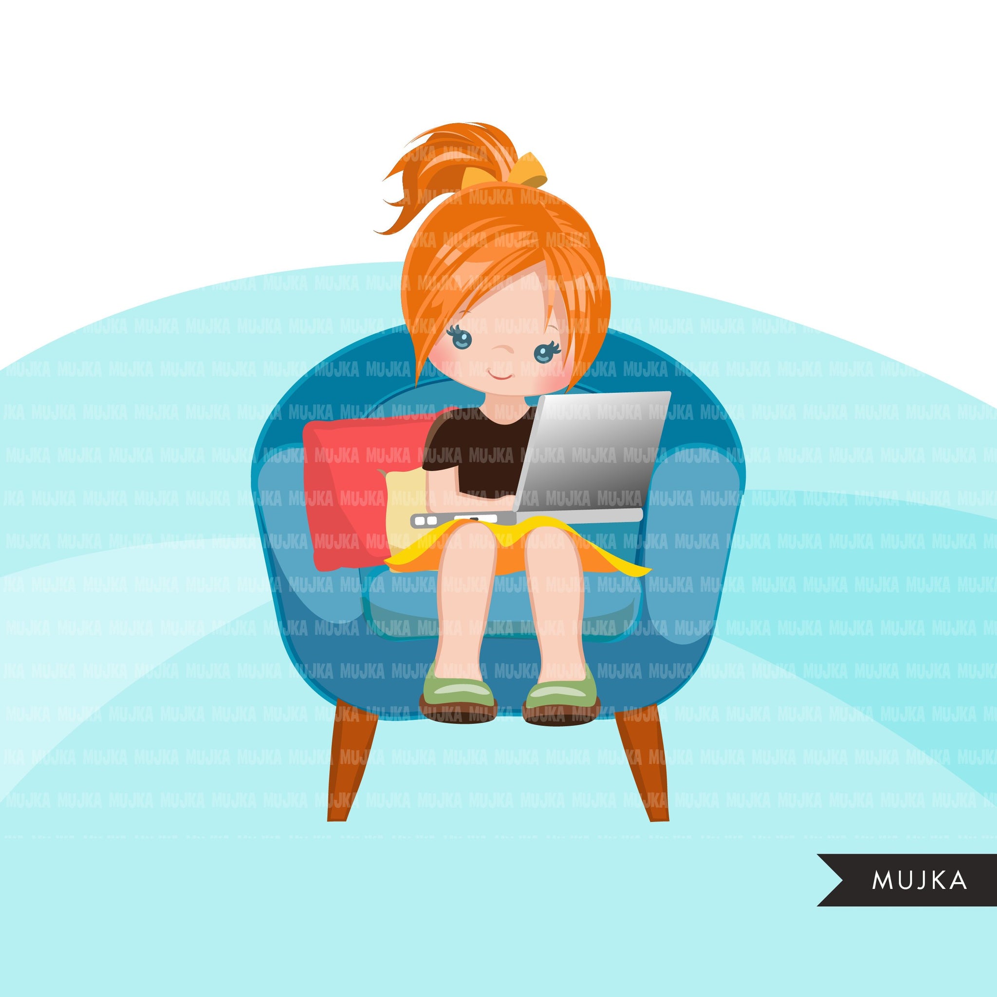 Homeschooling Girls Clipart, girl sitting with laptop, education, sofa reading, home study graphics, commercial use PNG clip art