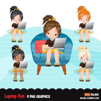 Homeschooling Girls Clipart, girl sitting with laptop, education, sofa reading, home study graphics, commercial use PNG clip art