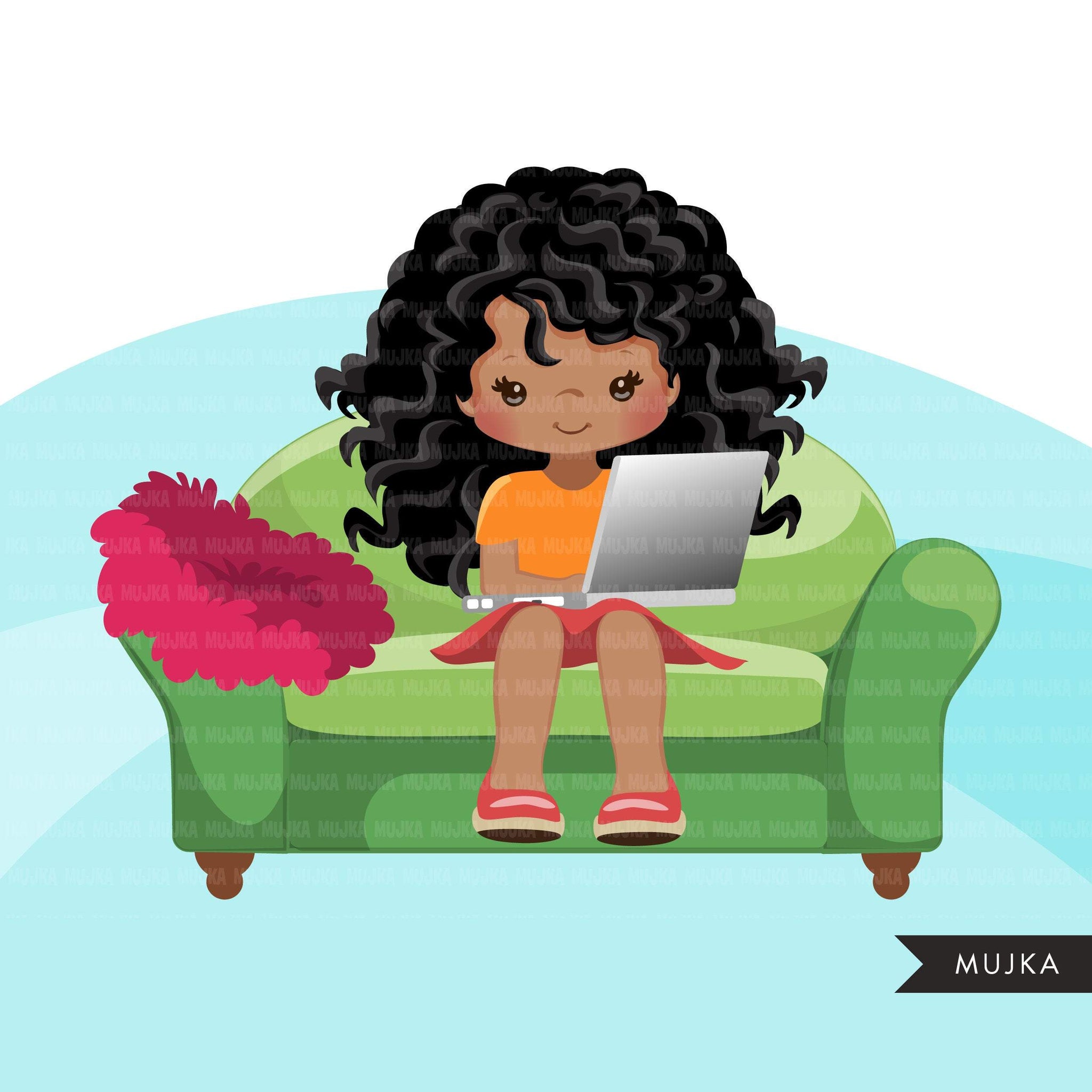 Homeschooling Girls Clipart, black girl sitting with laptop, education, sofa reading, home study graphics, commercial use PNG clip art