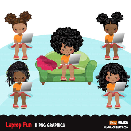 Homeschooling Girls Clipart, black girl sitting with laptop, education, sofa reading, home study graphics, commercial use PNG clip art