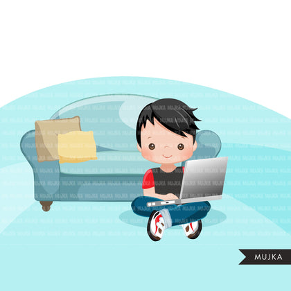 Homeschooling Boys Clipart, boy sitting with laptop, education, sofa reading, home study graphics, commercial use PNG clip art