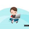 Homeschooling Boys Clipart, boy sitting with laptop, education, sofa reading, home study graphics, commercial use PNG clip art