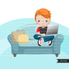Homeschooling Boys Clipart, boy sitting with laptop, education, sofa reading, home study graphics, commercial use PNG clip art