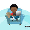 Homeschooling Boys Clipart, black boy sitting with laptop, education, sofa reading, home study graphics, commercial use PNG clip art