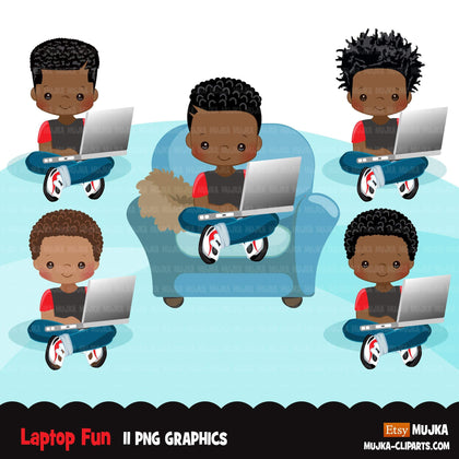 Homeschooling Boys Clipart, black boy sitting with laptop, education, sofa reading, home study graphics, commercial use PNG clip art