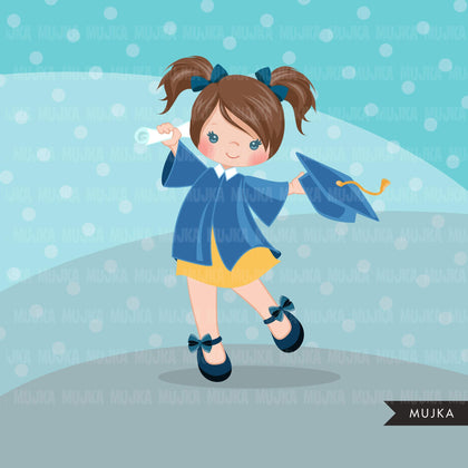 Graduation Clipart, graduate girls with blue gown, cape and scroll jumping, school, student class of graphics, PNG clip art