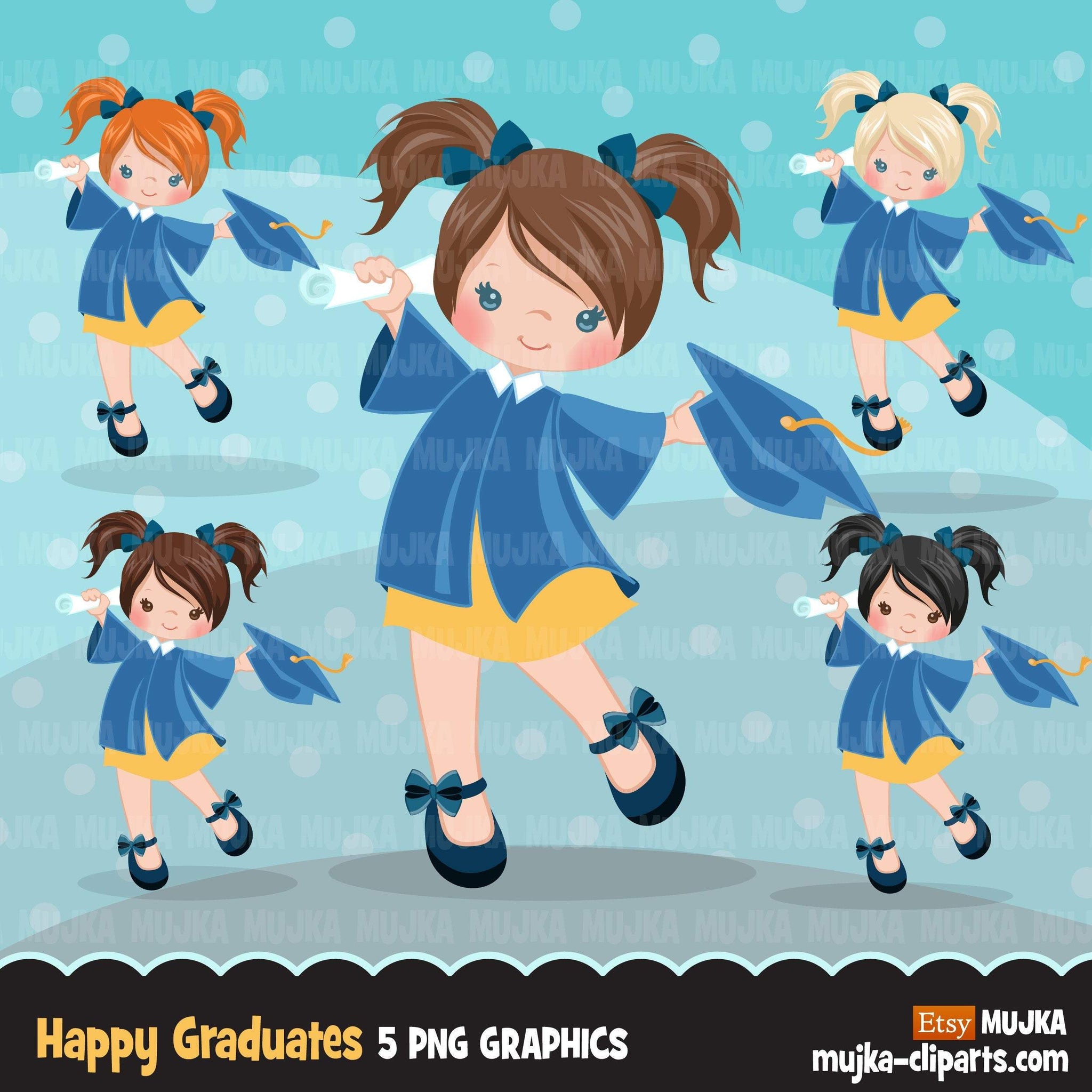 Graduation Clipart, graduate girls with blue gown, cape and scroll jum ...