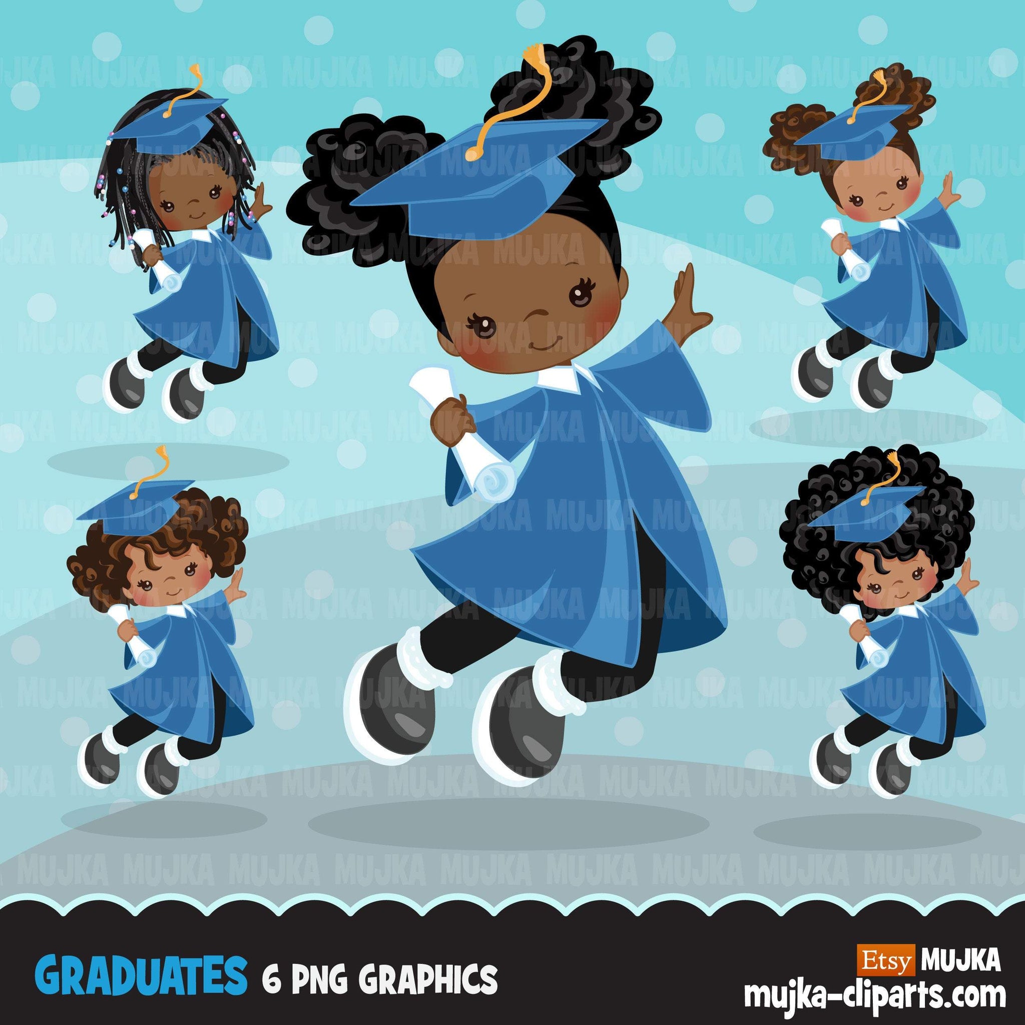 Graduation Clipart, graduate black girls with blue gown, cape and scroll jumping, school, student class of graphics, PNG clip art