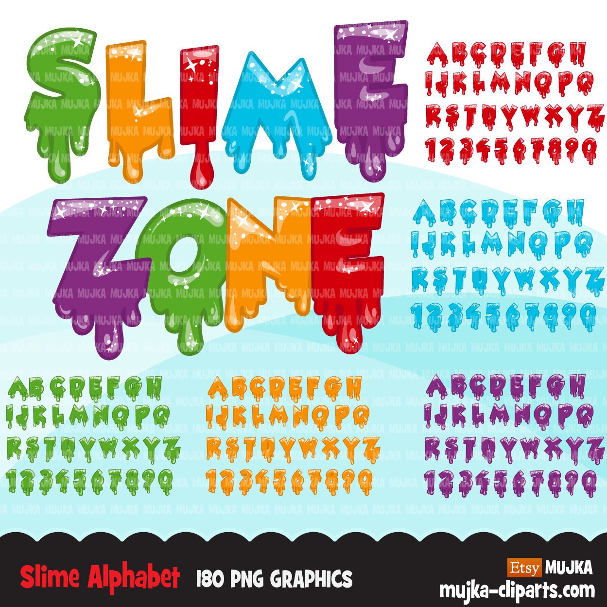 Slime Alphabet clipart, Bundle of Slime letters and numbers party clip art, dripping borders, Png graphics