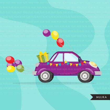 Drive-by Birthday Party parade clipart, girls quarantine birthday party, drive through party truck, car, covid graphics, PNG clip art