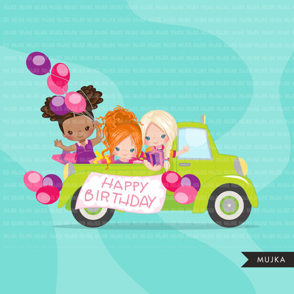 Drive-by Birthday Party parade clipart, girls quarantine birthday party, drive through party truck, car, covid graphics, PNG clip art