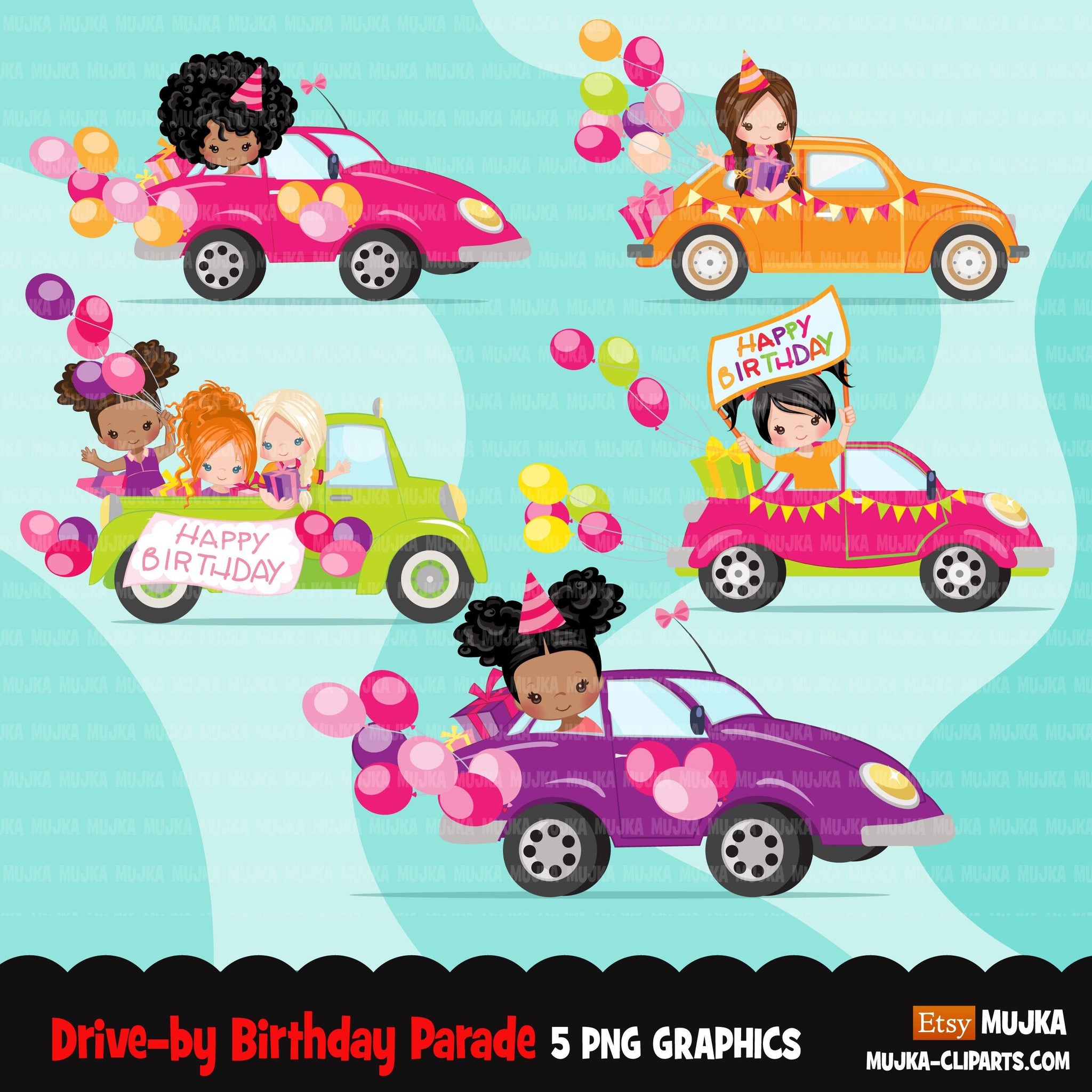 Drive-by Birthday Party parade clipart, girls quarantine birthday party, drive through party truck, car, covid graphics, PNG clip art