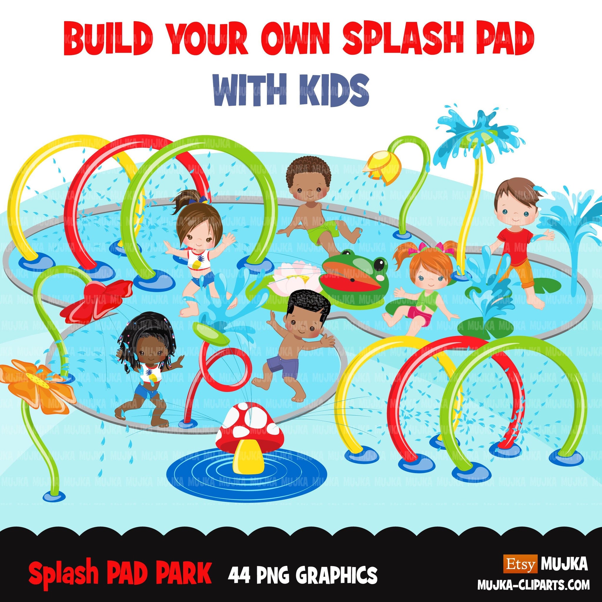 Splash Pad park clipart Bundle, build your own park with kids, outdoor fun birthday summer graphics, PNG digital