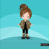 Fashion little girl clipart with leopard jacket, boots and sunglasses, Vacation, travel commercial use characters, digital PNG