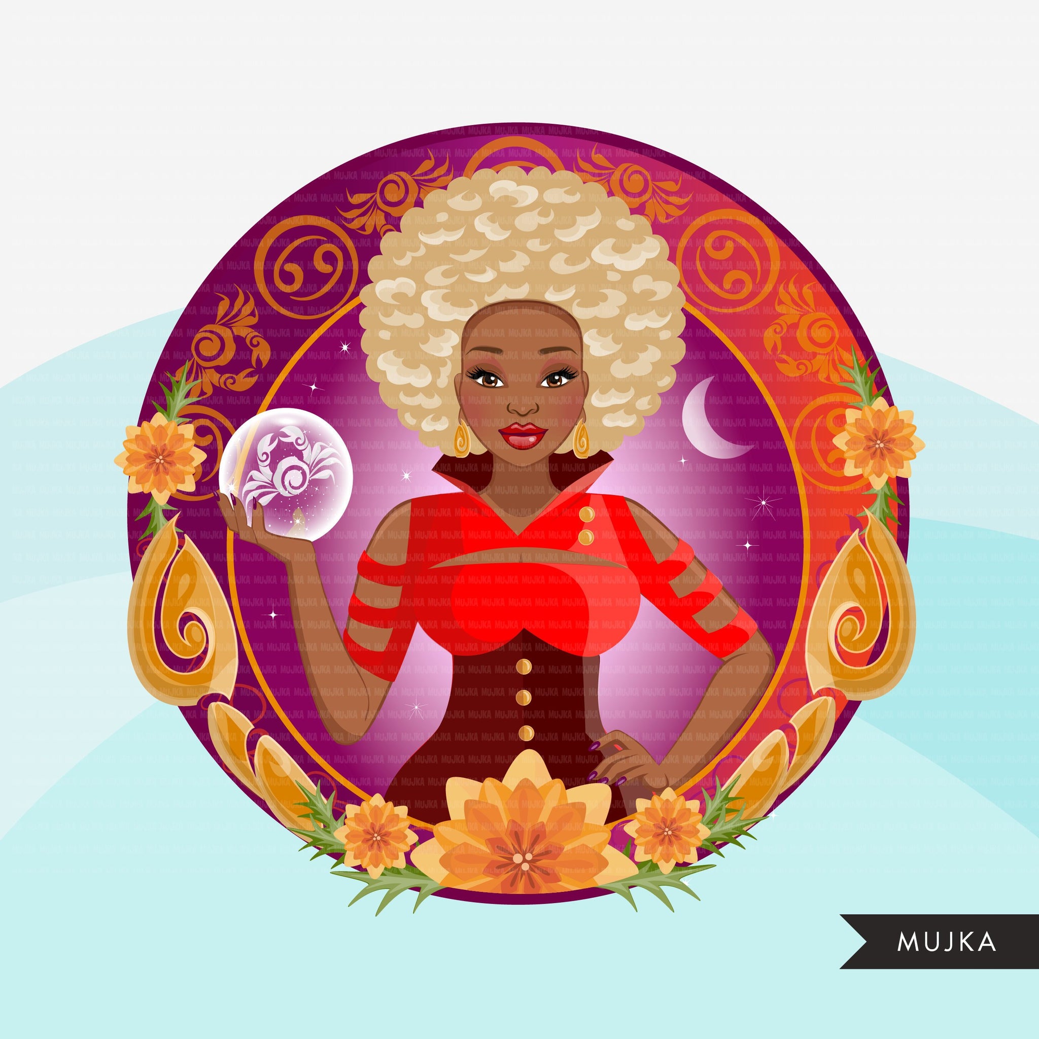 Zodiac Cancer Clipart, Png digital download, Sublimation Graphics for Cricut & Cameo, Black Afro Woman Horoscope sign designs