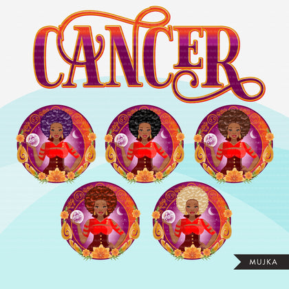 Zodiac Cancer Clipart, download digital Png, gráficos de sublimação para Cricut e Cameo, designs de signos do horóscopo da mulher negra afro