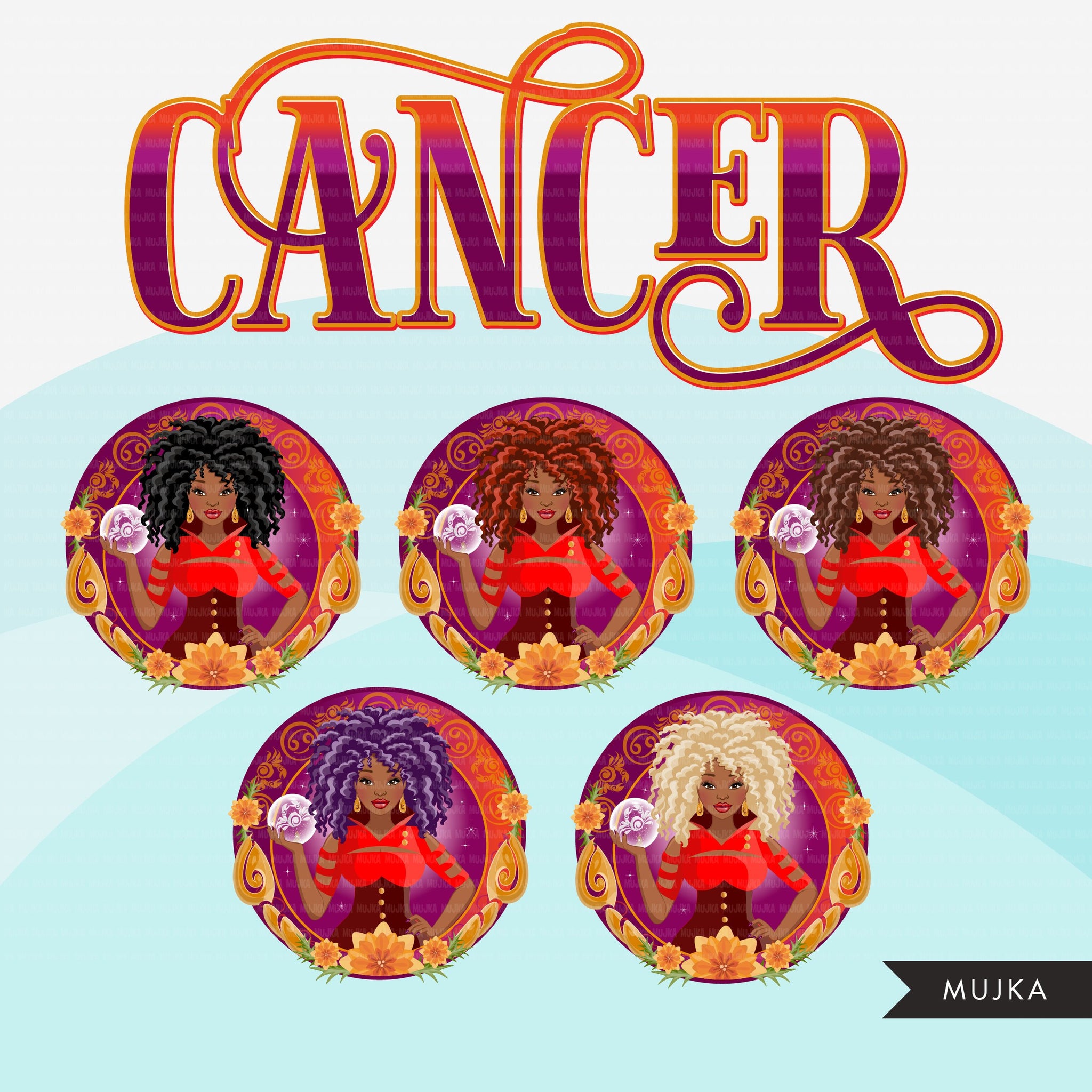 Zodiac Cancer Clipart, download digital Png, gráficos de sublimação para Cricut e Cameo, designs de signos de horóscopo de mulher com cabelo encaracolado preto