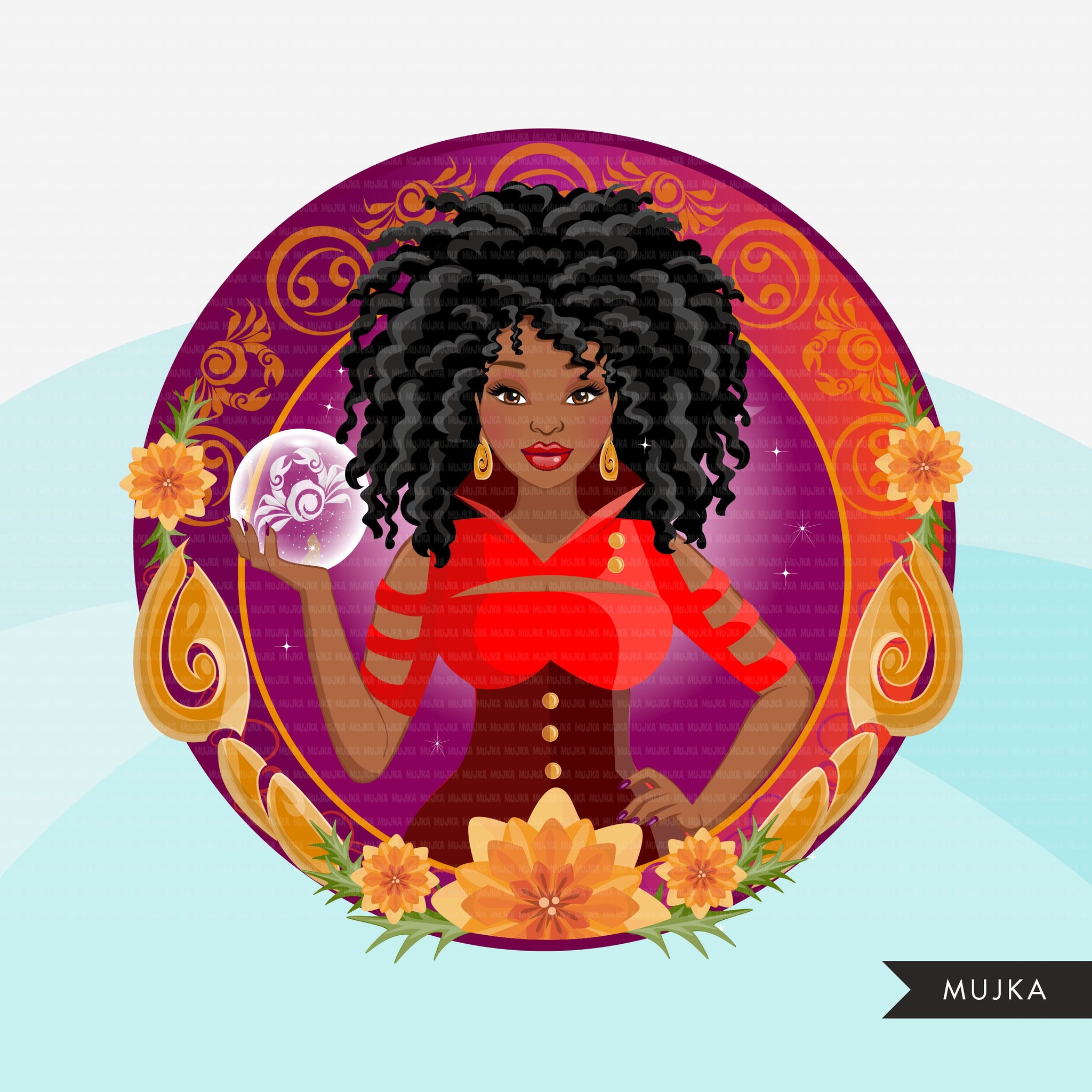 Zodiac Cancer Clipart, download digital Png, gráficos de sublimação para Cricut e Cameo, designs de signos de horóscopo de mulher com cabelo encaracolado preto