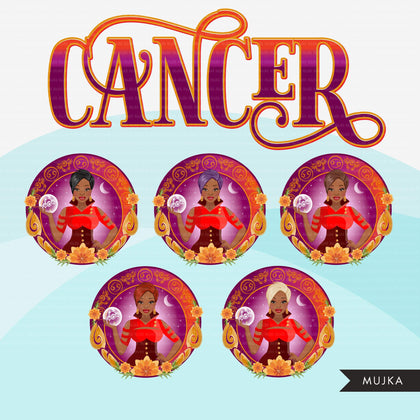 Zodiac Cancer Clipart, Png digital download, Sublimation Graphics for Cricut & Cameo, Black Short Hair Woman Horoscope sign designs
