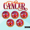 Zodiac Cancer Clipart, Png digital download, Sublimation Graphics for Cricut & Cameo, Black Short Hair Woman Horoscope sign designs